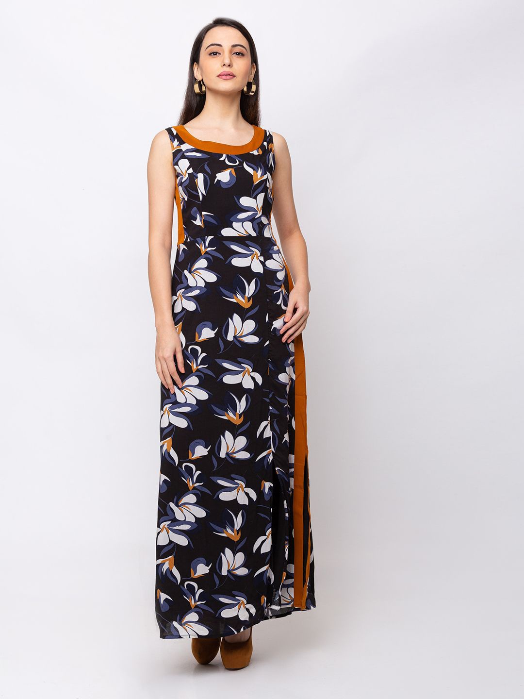 

SHECZZAR Floral Printed Round Neck Maxi Dress, Navy blue