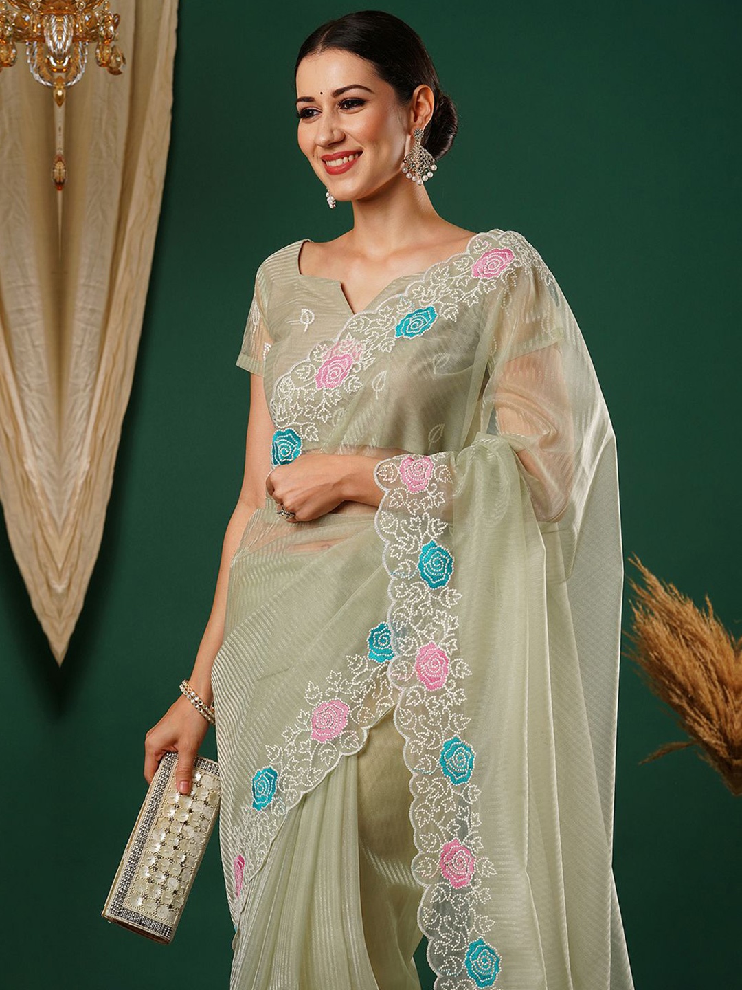 

Satrani Floral Embroidered Net Saree, Green