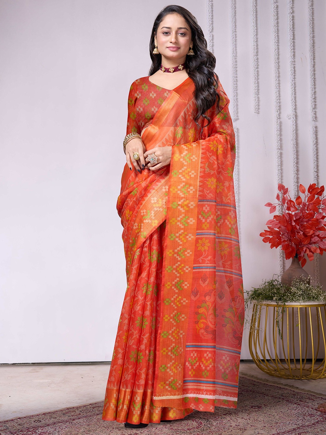 

KALINI Floral Pure Cotton Ikat Saree, Orange