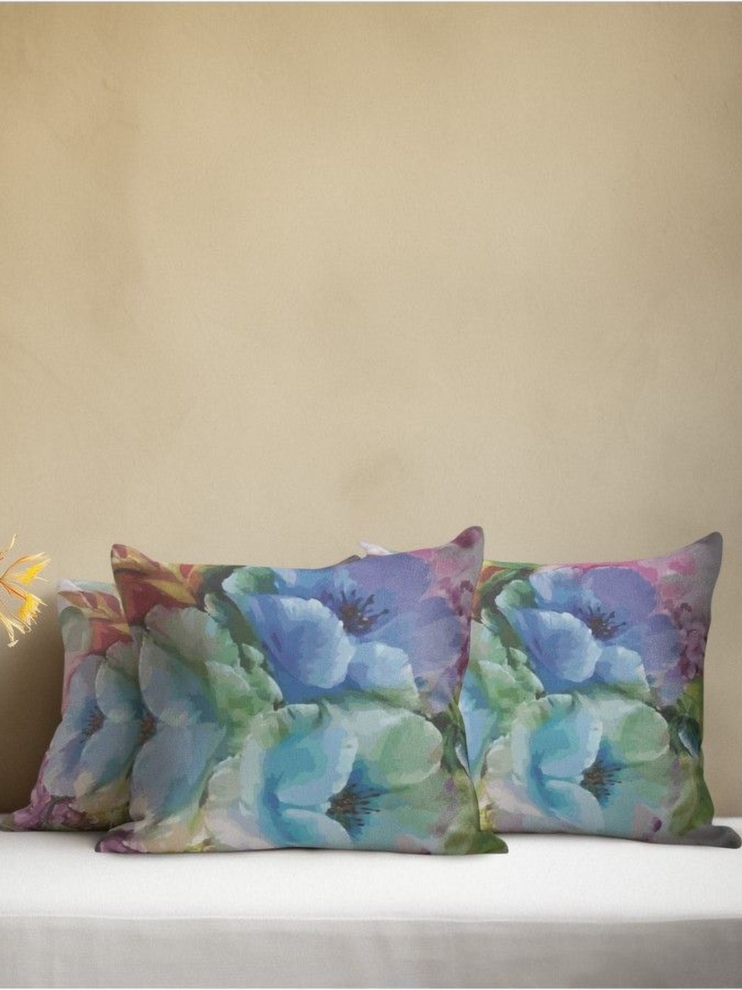 

THEYAYACAFE Blue & Purple 3 Pieces Floral Velvet Square Cushion Covers