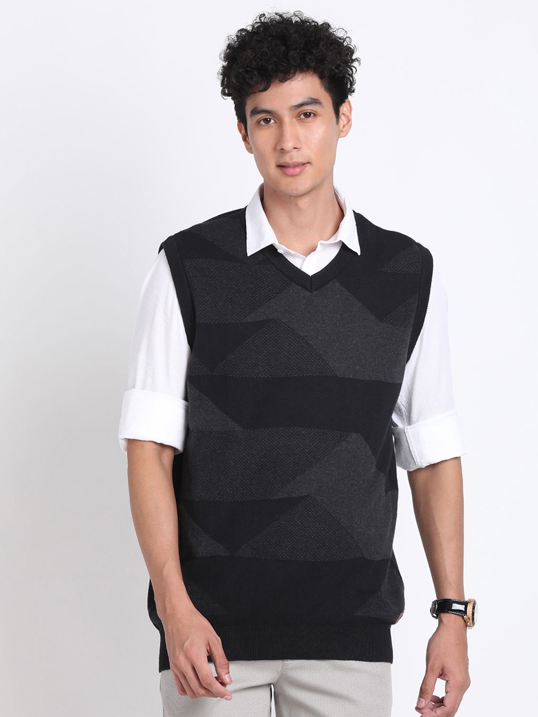 

Turtle Men Geometric Printed Pullover Cotton Sweater Vest, Black