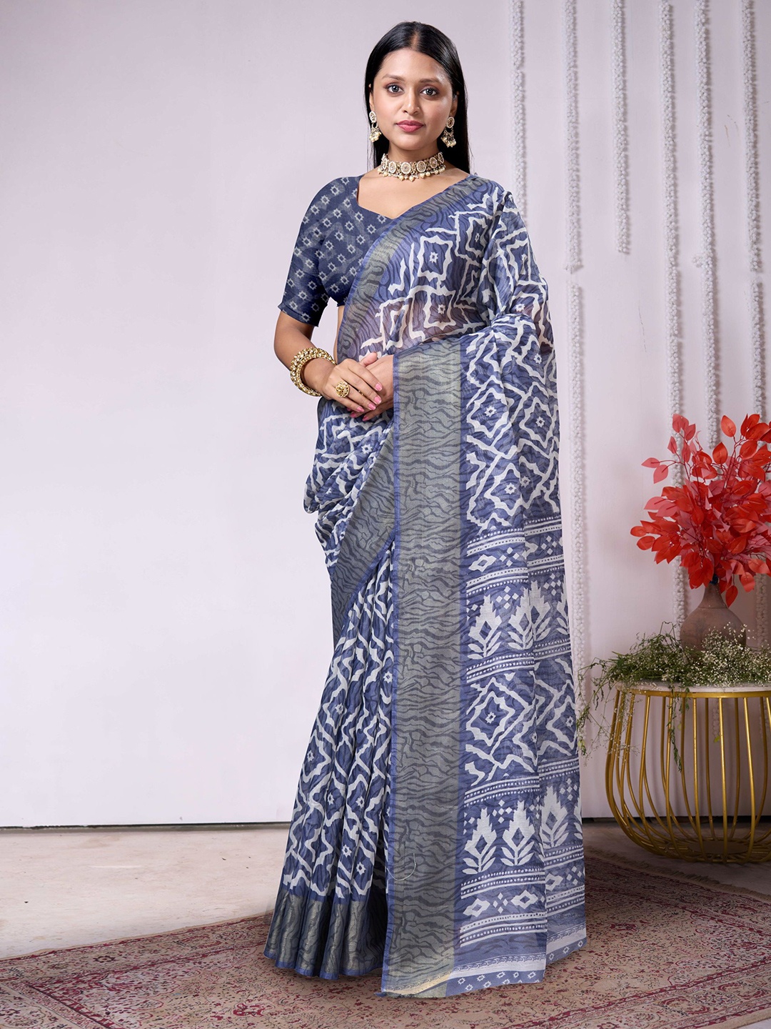 

KALINI Ethnic Motifs Pure Cotton Ikat Saree, Blue