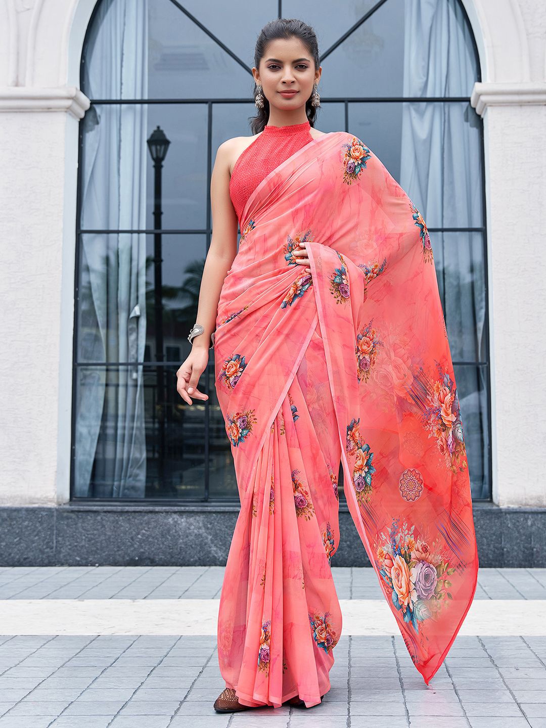 

Mitera Floral Printed Pure Georgette Muga Saree, Pink