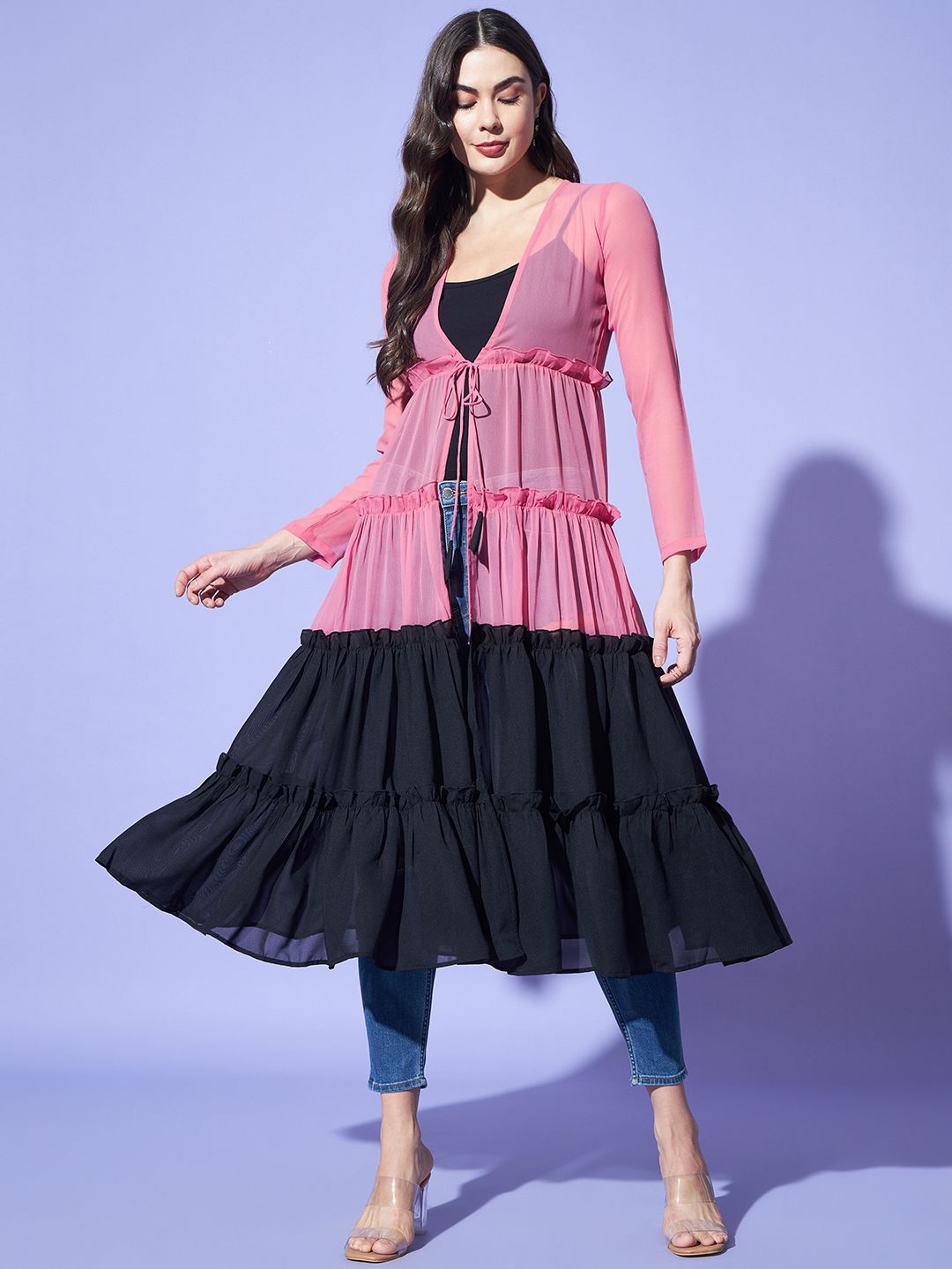 

Trend Arrest Colourblocked Longline Shrug, Pink