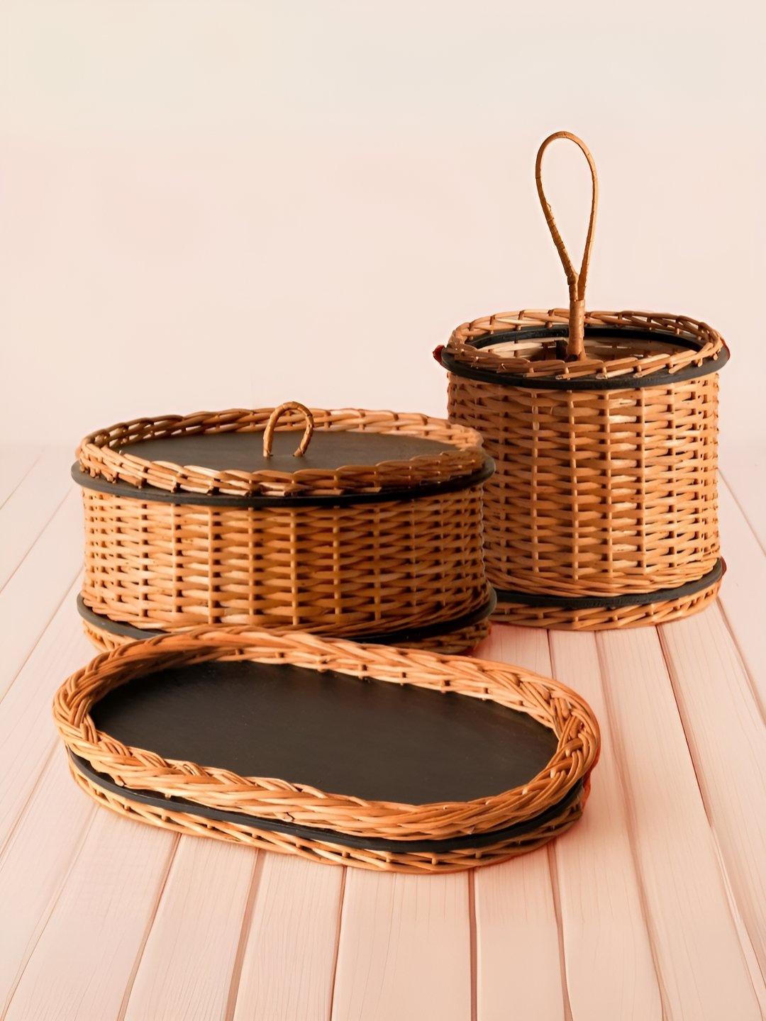 

Peepul Tree 3Pcs Wicker Storage Box, Serving Tray & Cutlery Holder Combo, Brown