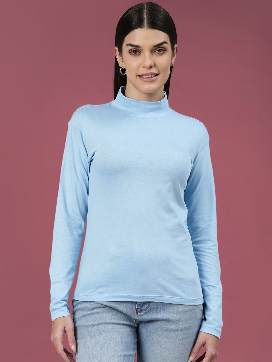 

DressBerry Women Solid High Neck Cotton Slim Fit T-shirt, Blue