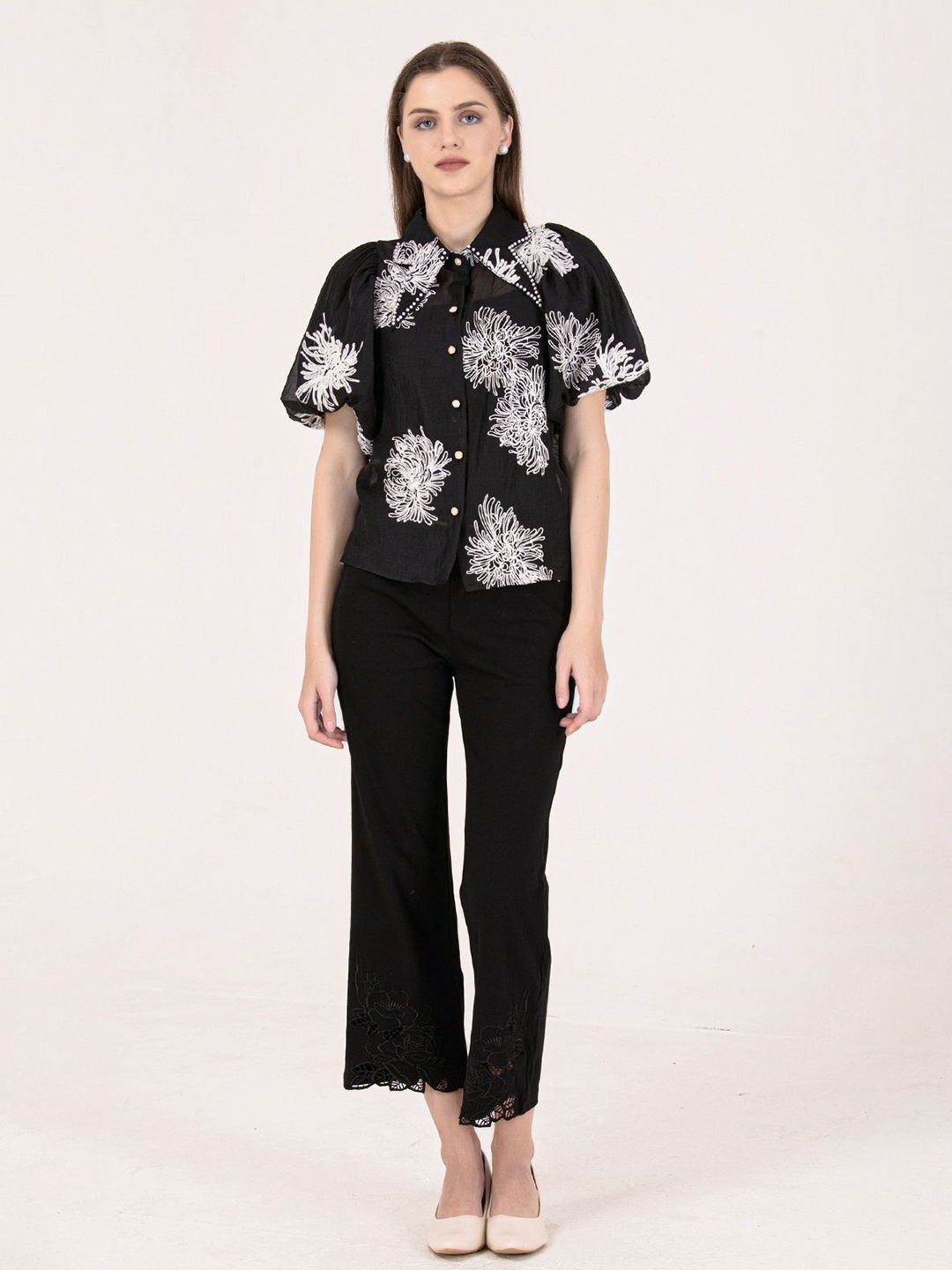 

Albion By CnM Floral Flared Sleeve Cotton Top, Black