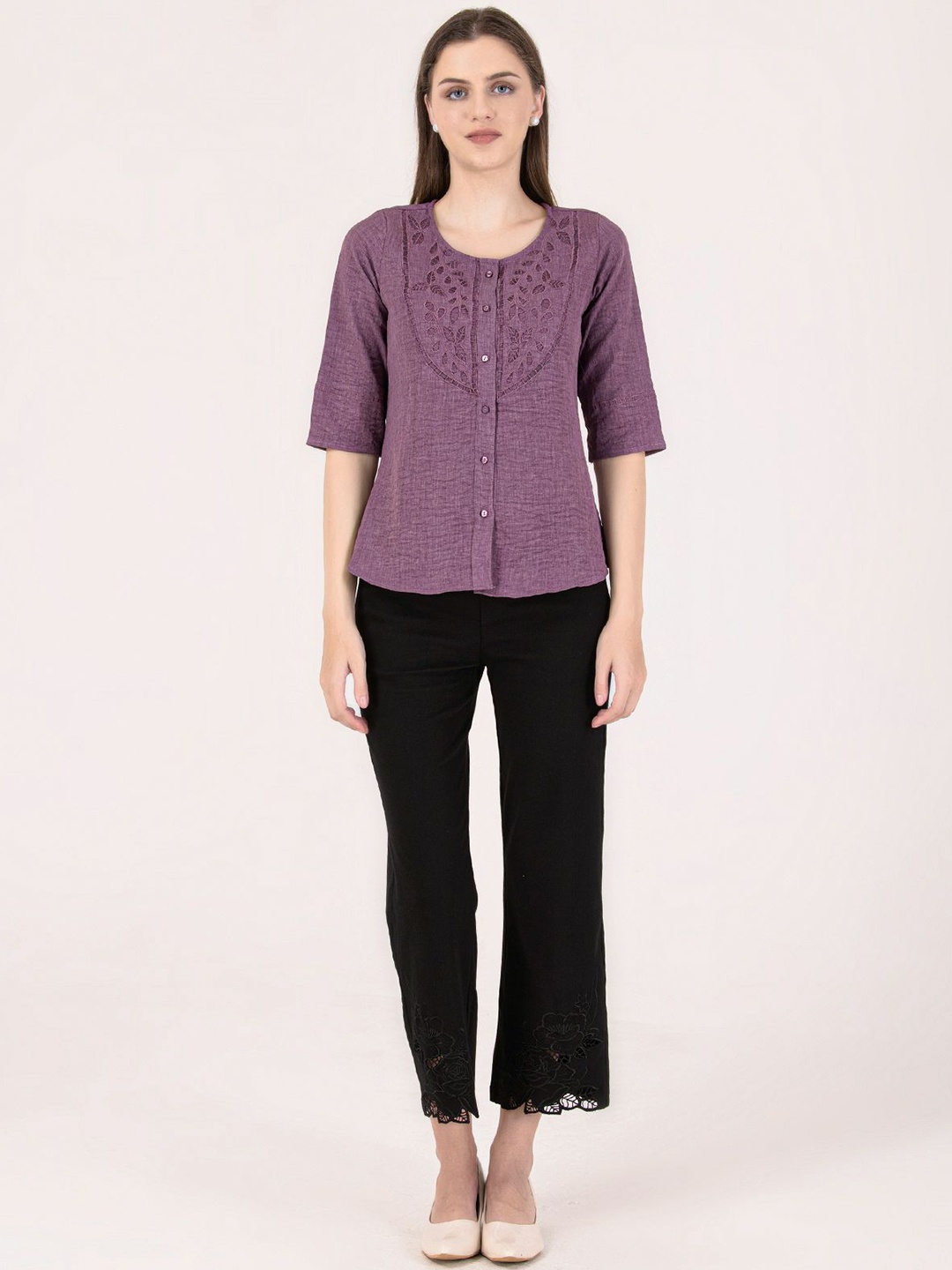 

Albion By CnM Women Self Design Round Neck Cotton Top, Purple
