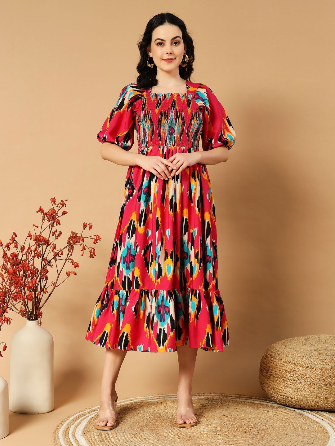

ZWERLON Print Puff Sleeve Applique Formal A-Line Midi Dress, Pink