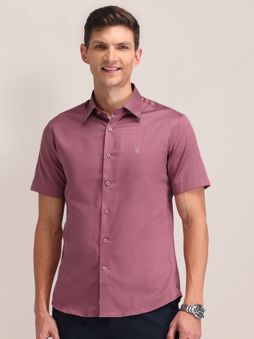

U.S. Polo Assn. Men Classic Cutaway Collar Solid Cotton Formal Shirt, Pink