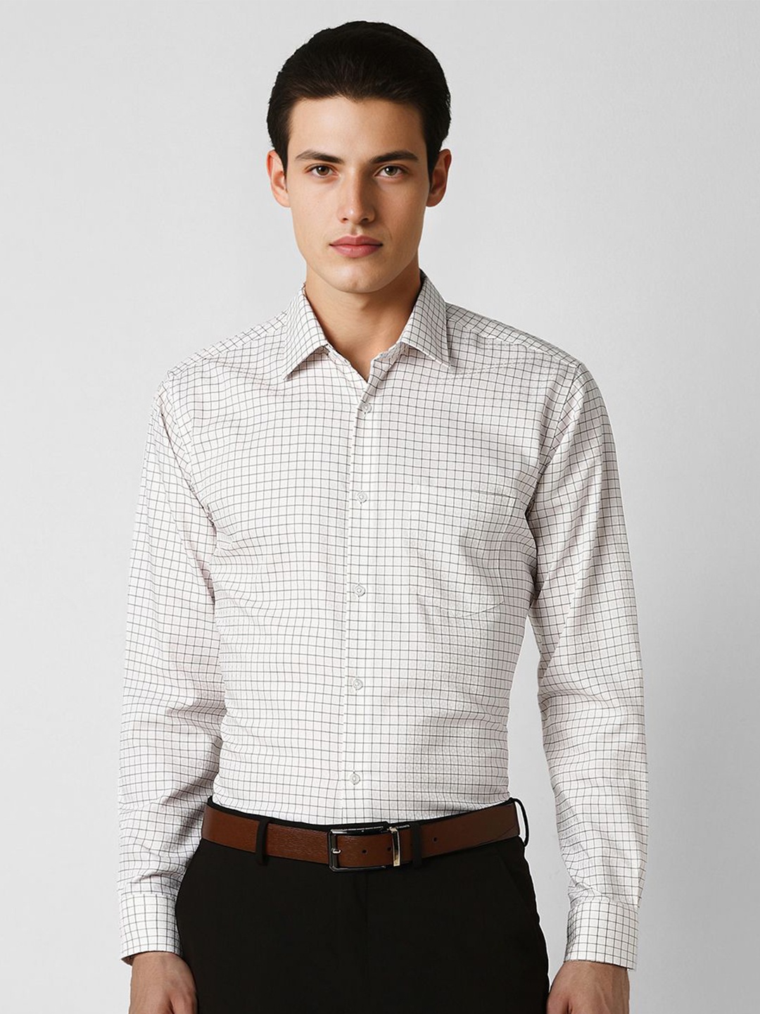 

Van Heusen Men Spread Collar Micro Checked Cotton Formal Shirt, Cream