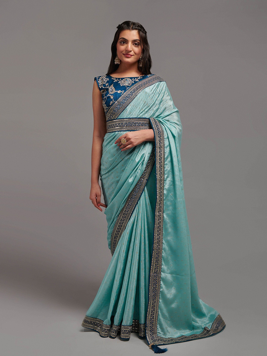 

KALINI Floral Embroidered Belted Bandhani Saree, Turquoise blue