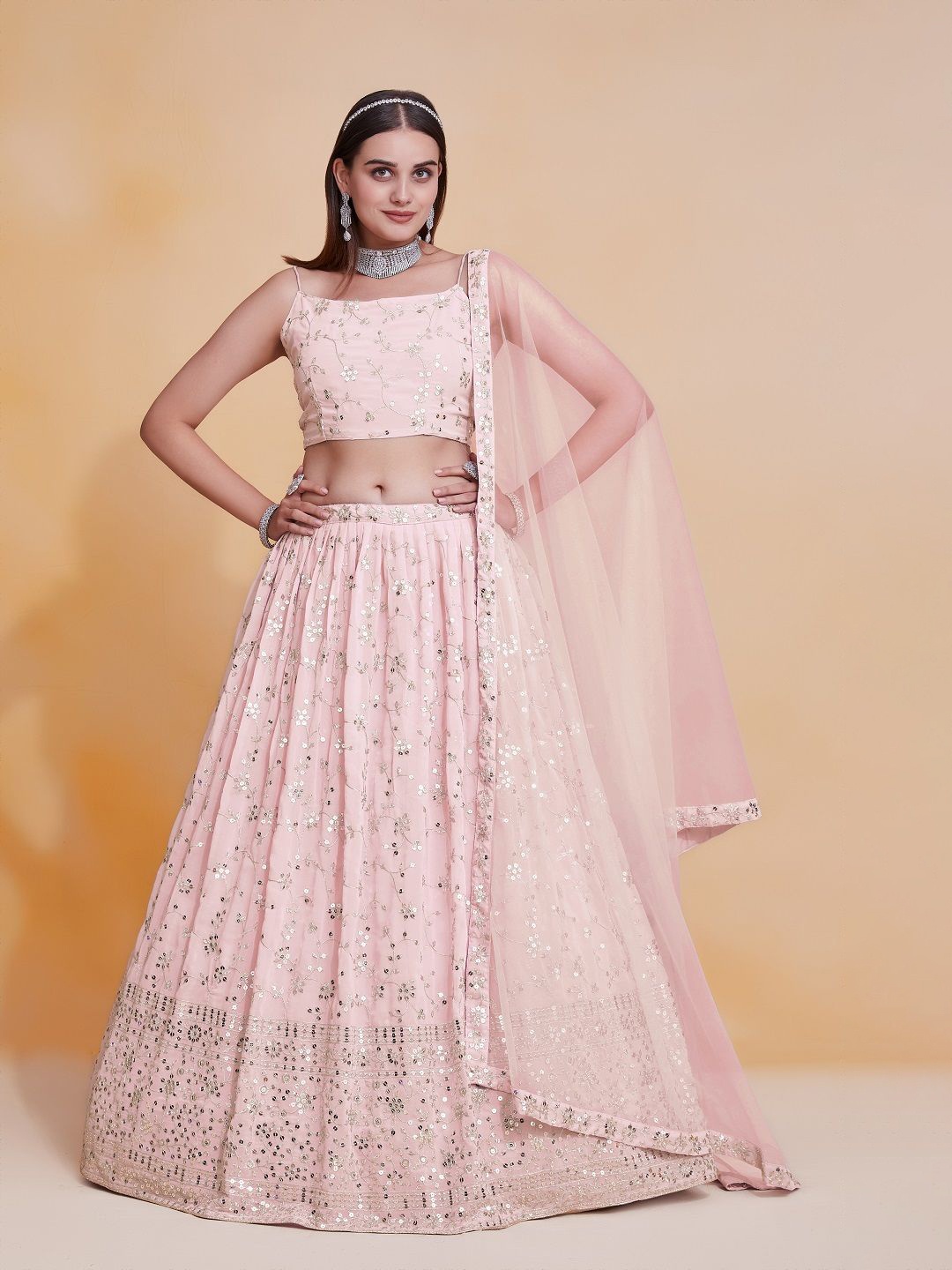 

JIHU CULTURE Embellished Sequinned Semi-Stitched Lehenga & Unstitched Blouse With Dupatta, Peach