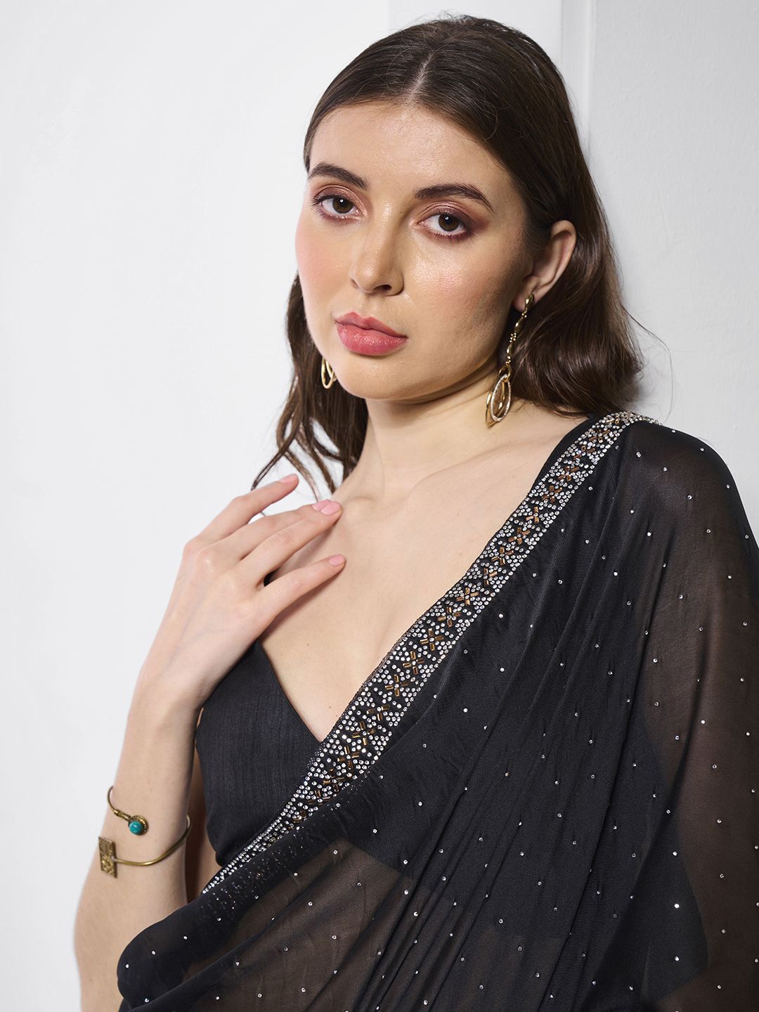 

Kalista Embellished Beads and Stones Satin Saree, Black