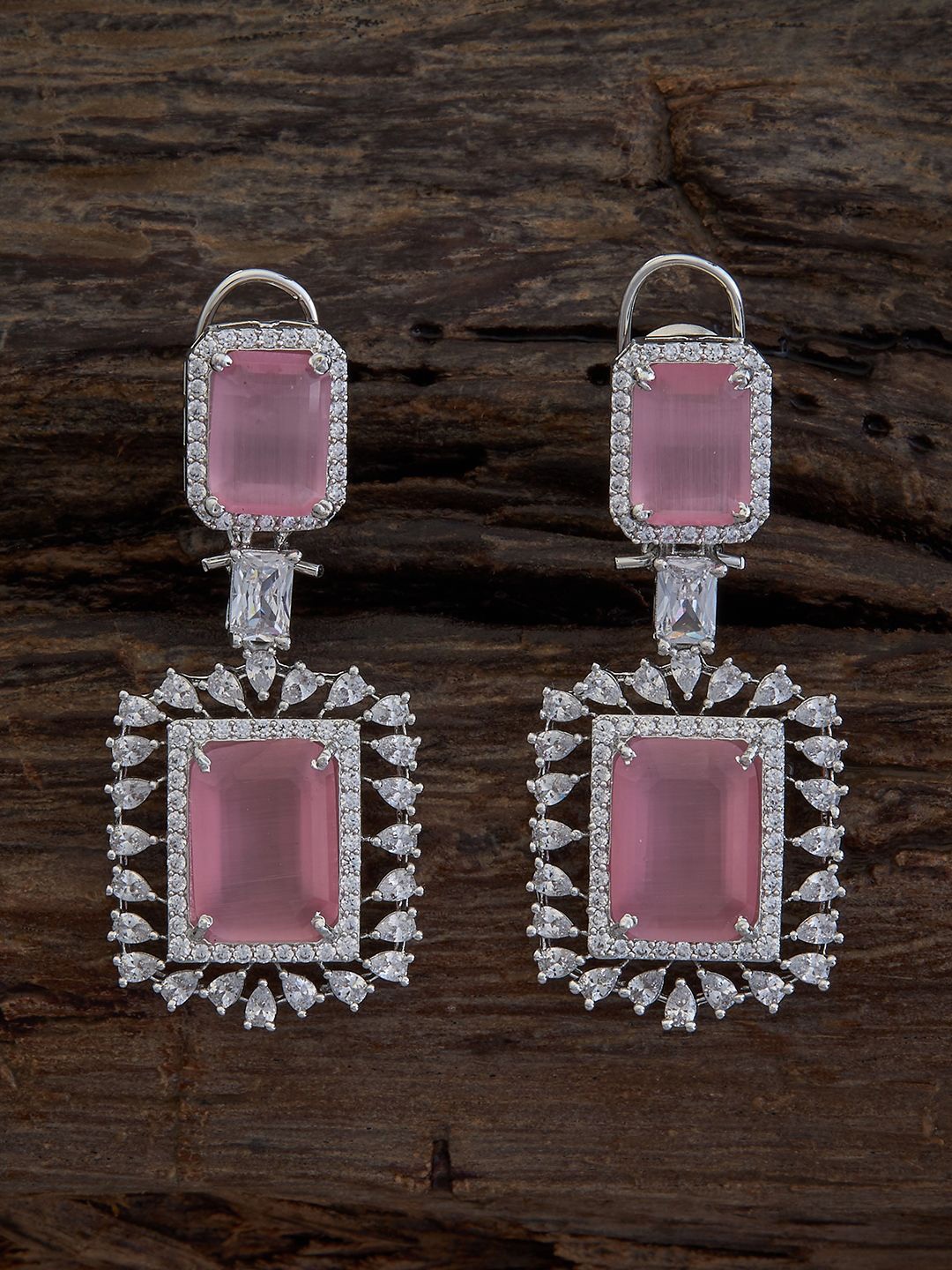 

Kushal's Fashion Jewellery Rhodium-Plated CZ Square Shaped Drop Earrings, Pink