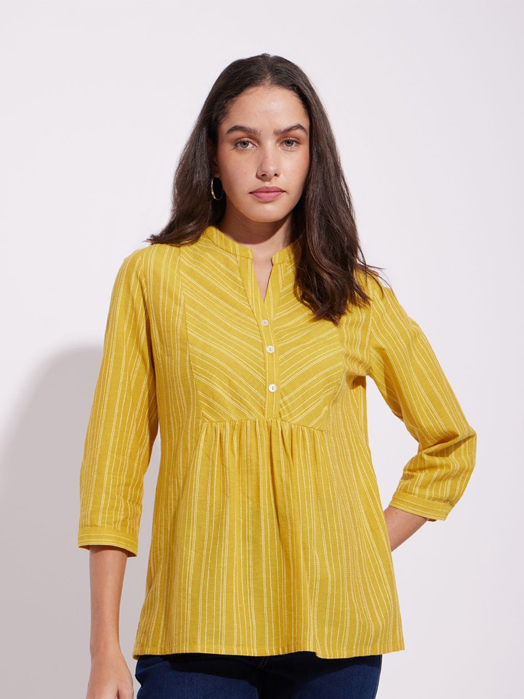 

Pink Fort Women Vertical Striped Mandarin Collar Cotton Top, Yellow