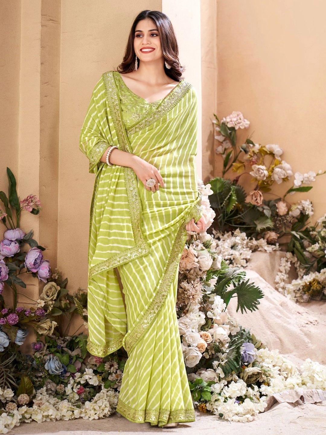 

CHUDIYA Leheriya Sequinned Pure Georgette Saree, Lime green