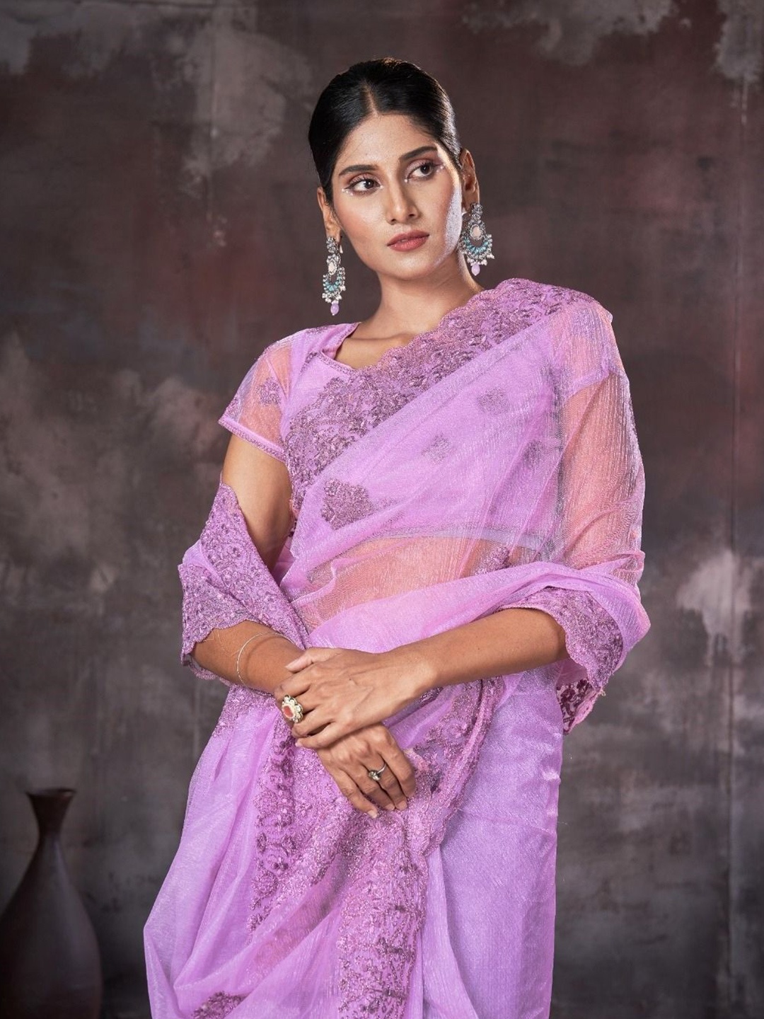 

Mitera Embellished Embroidered Organza Saree, Lavender