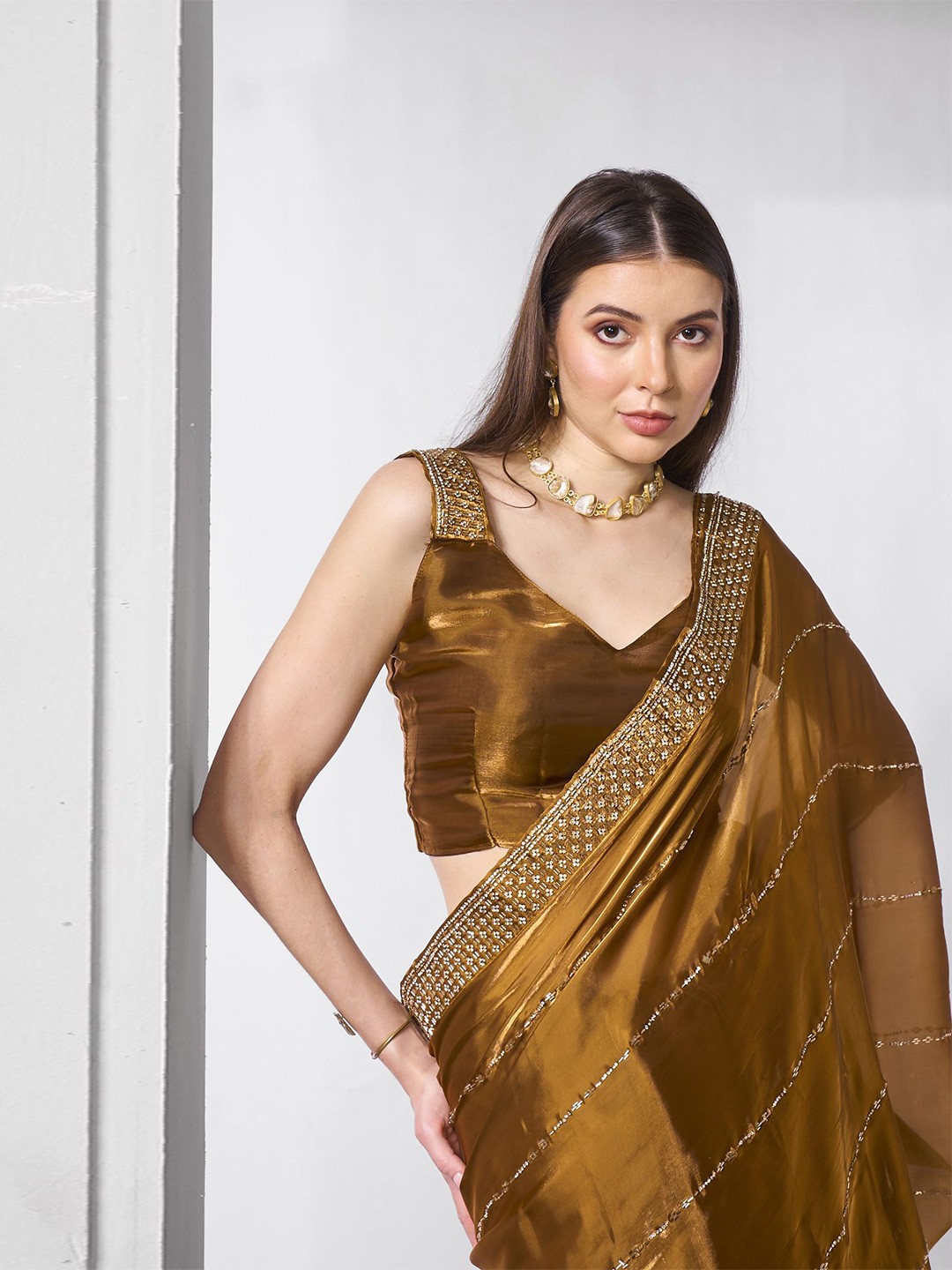

Kalista Embellished Beads and Stones Organza Saree, Metallic