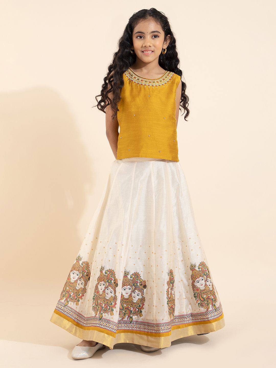 

Maybell Girls Mural Printed Silk Ready to Wear Lehenga & Blouse, Mustard