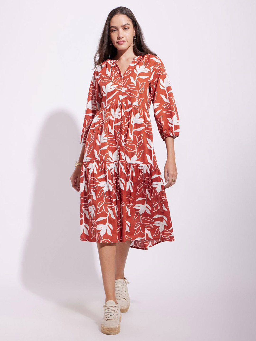 

Pink Fort Women Floral Printed A-Line Midi Dress, Rust