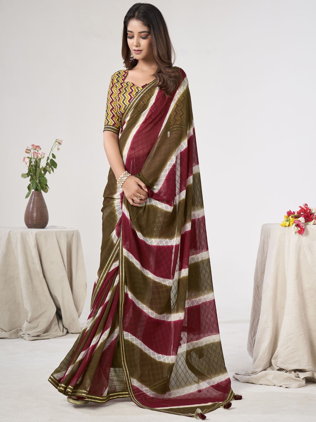 

CHUDIYA Striped Gotta Patti Pure Georgette Saree, Maroon