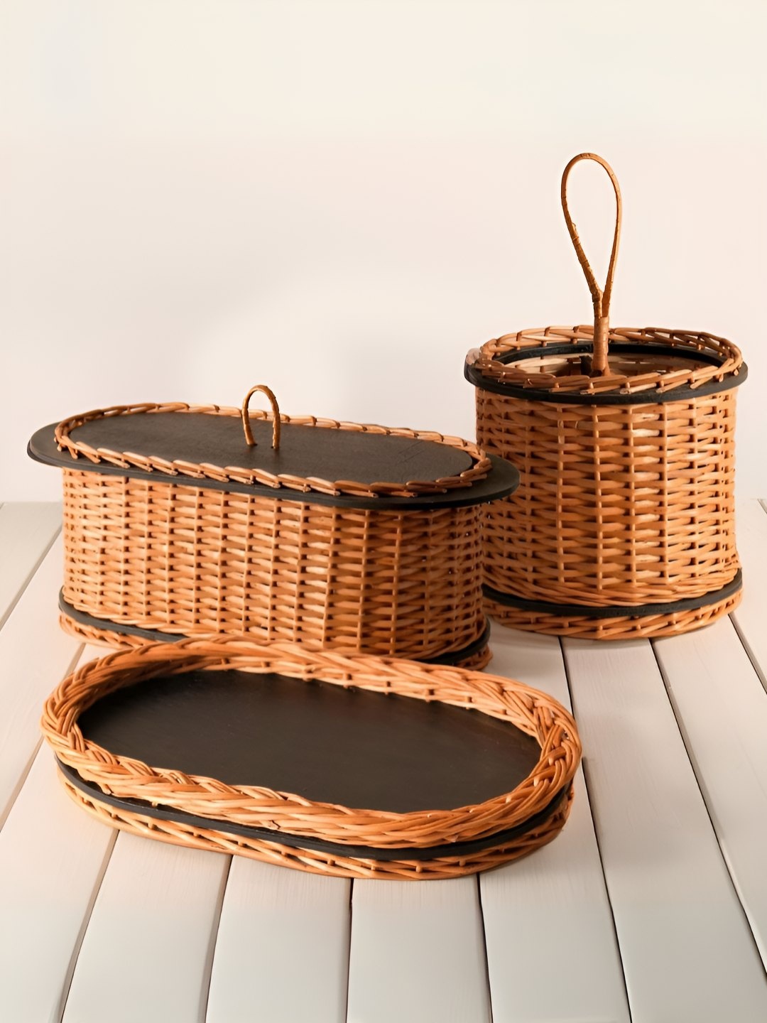 

Peepul Tree Piece of 3 Wicker Bread Box Serving Tray & Cutlery Holder Combo, Brown