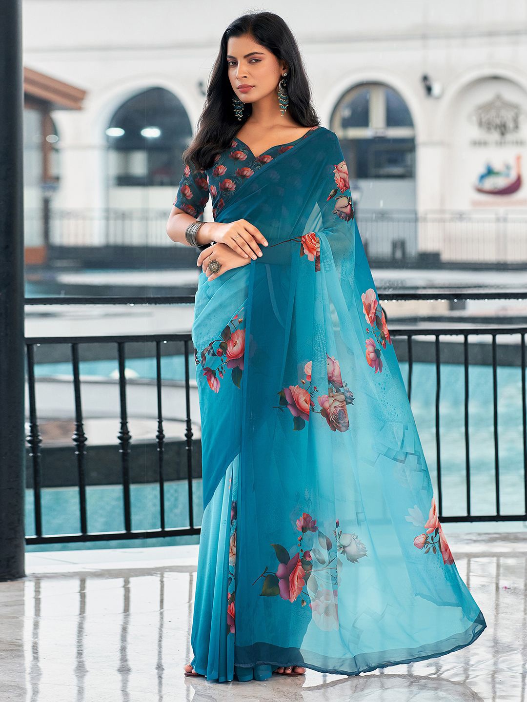 

Mitera Floral Pure Georgette Muga Saree, Blue