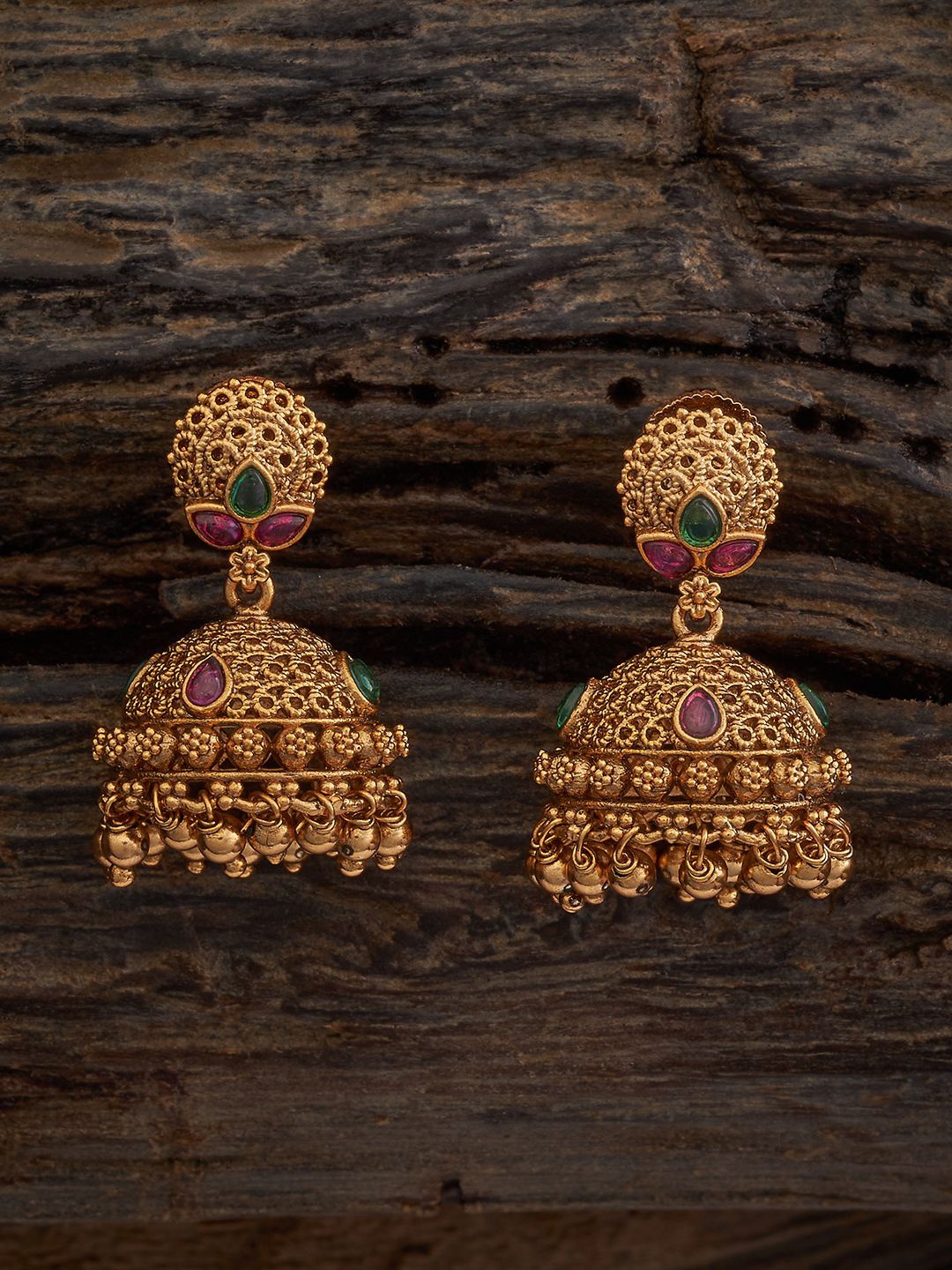 

Kushal's Fashion Jewellery Gold-Plated Stone Studded Dome Shaped Antique Jhumkas