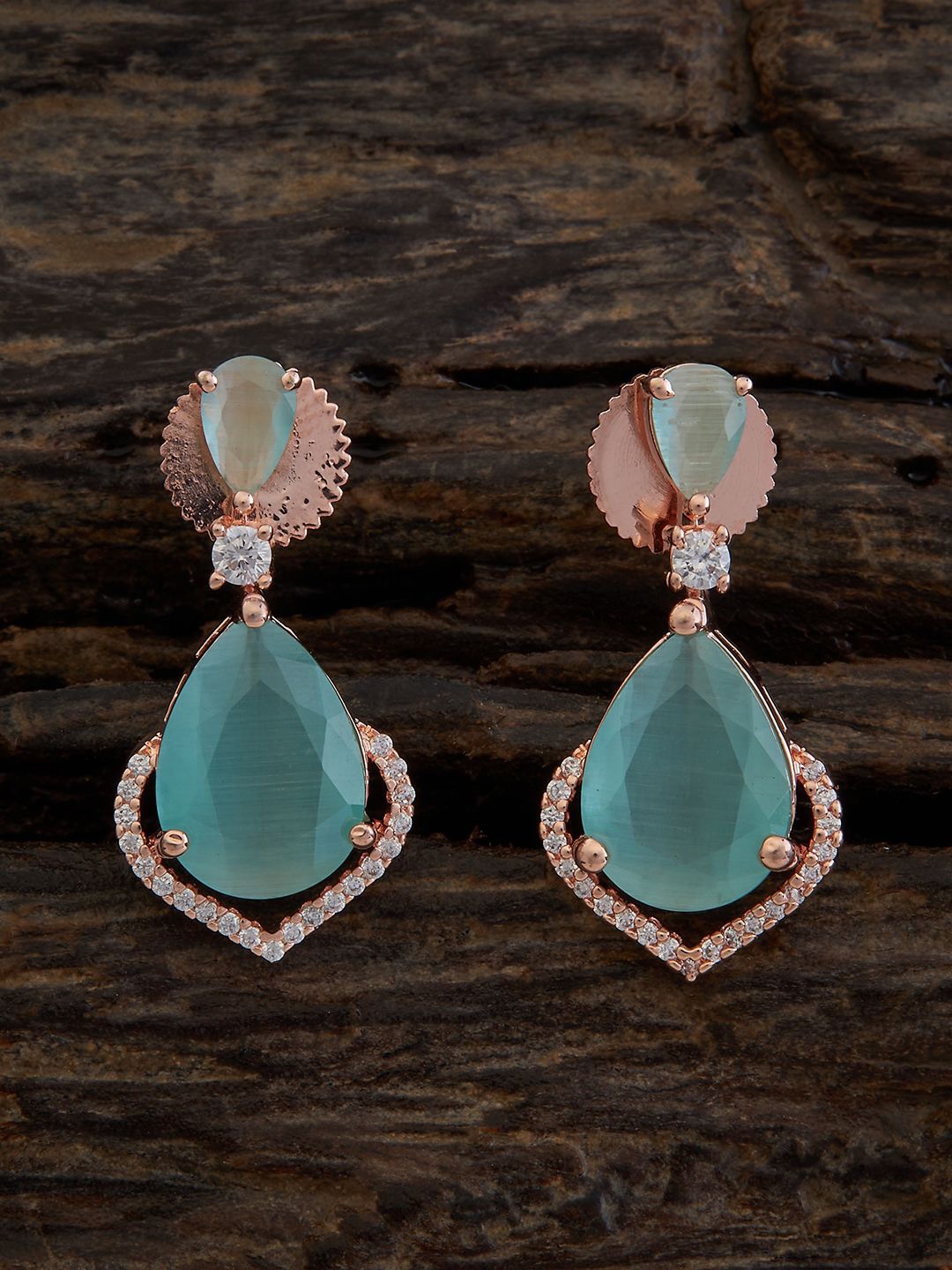 

Kushal's Fashion Jewellery Rose Gold-Plated Teardrop Shaped Cubic Zirconia Drop Earrings, Sea green