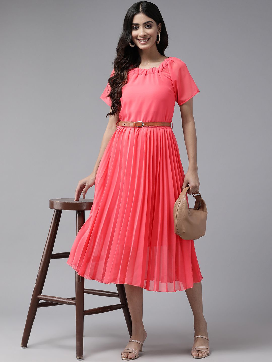 

BAESD Women Round Neck Fit and Flare Midi Dress, Red