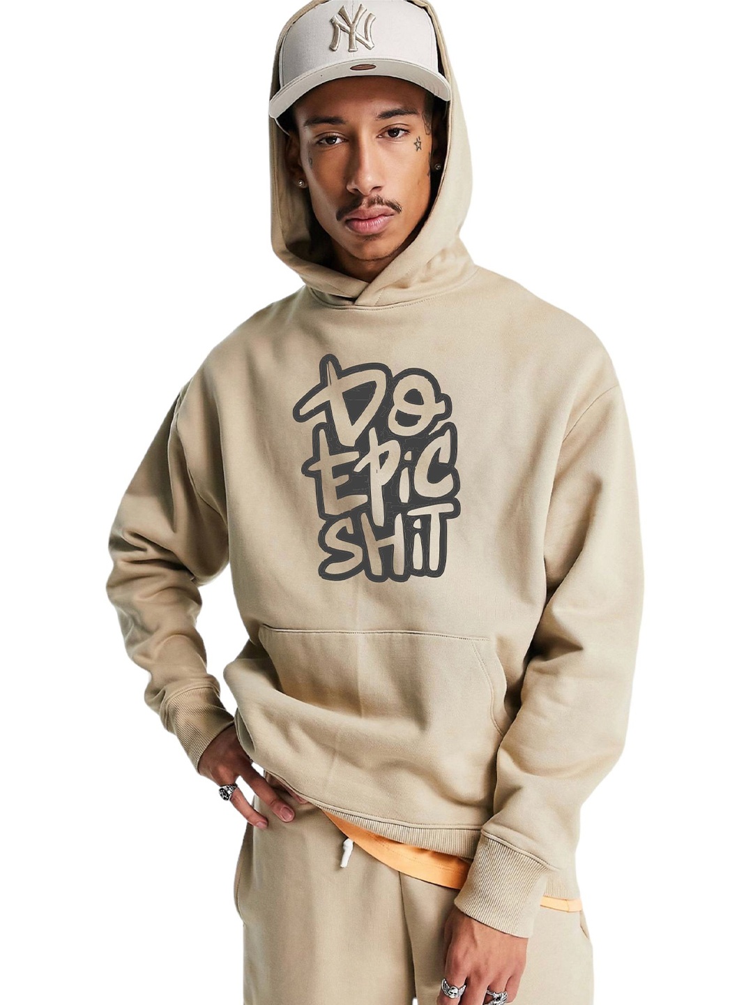

Be Savage Men Typography Printed Hooded Oversized Sweatshirt, Beige