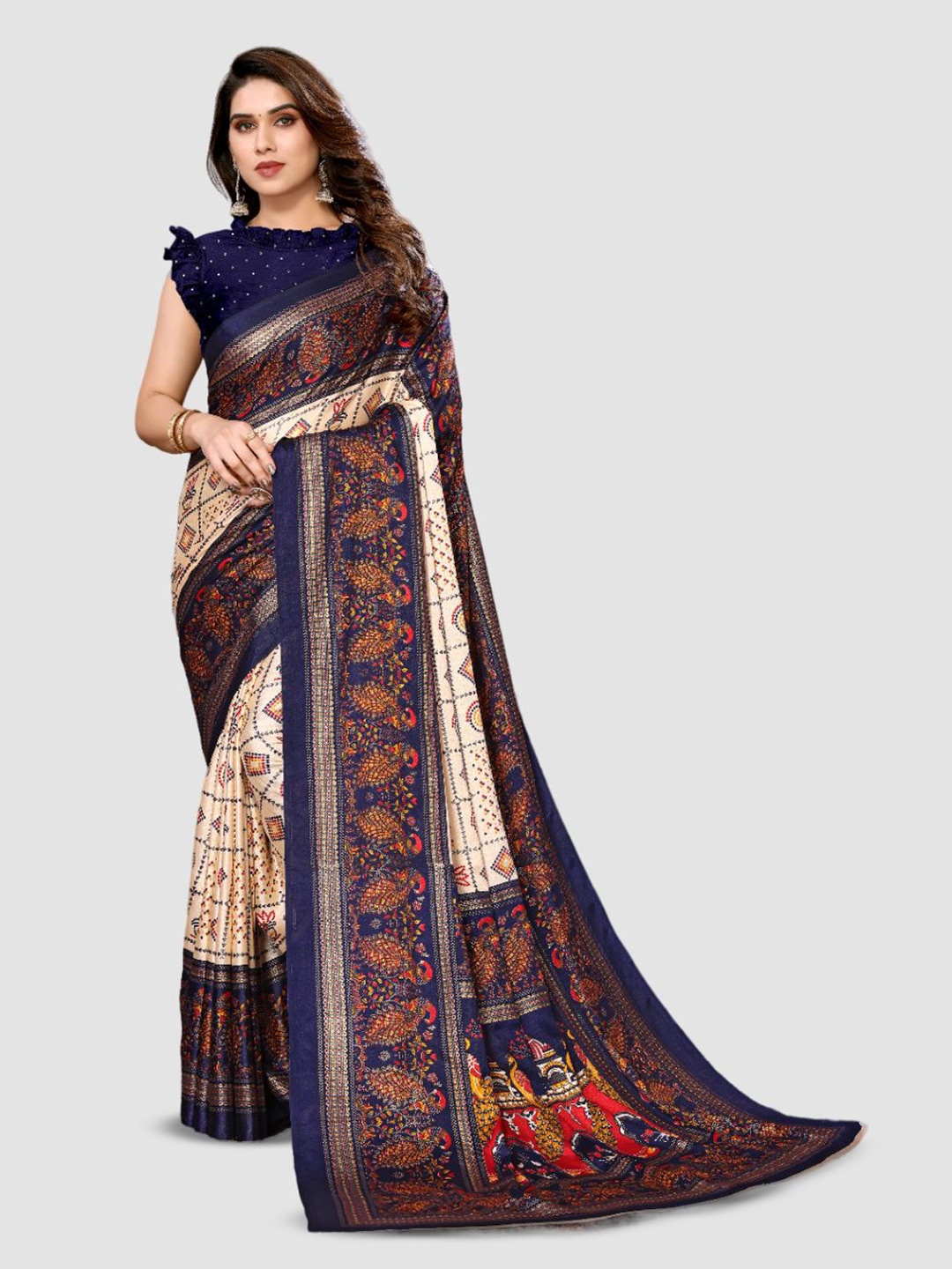 

sareyavella Ajrak Block Printed Maheshwari Saree, Blue