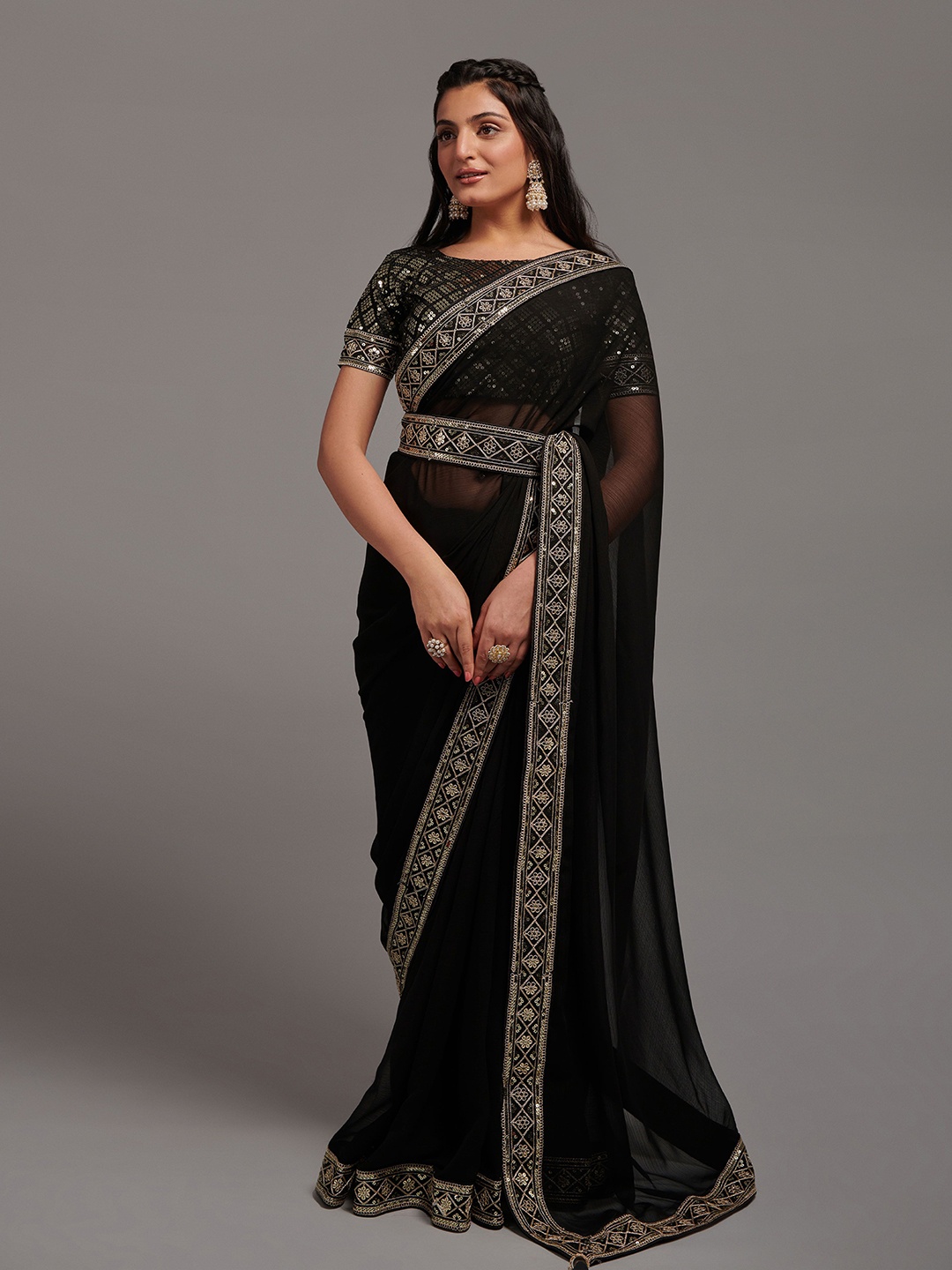 

KALINI Embroidered Belted Bandhani Saree, Black