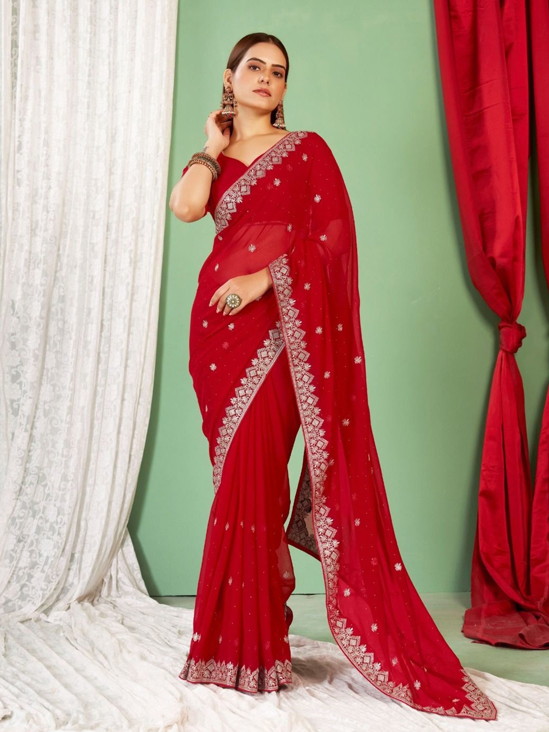 

Mitera Embellished Beads and Stones Pure Georgette Saree, Red