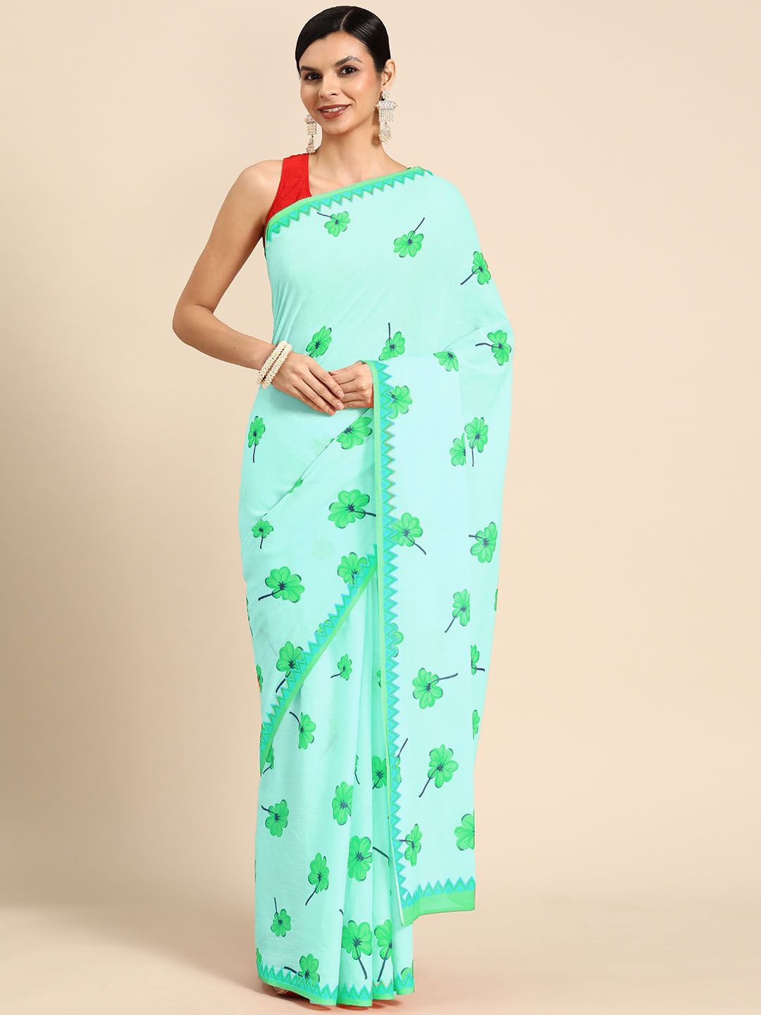 

BUTA BUTI Floral Pure Cotton Saree, Sea green