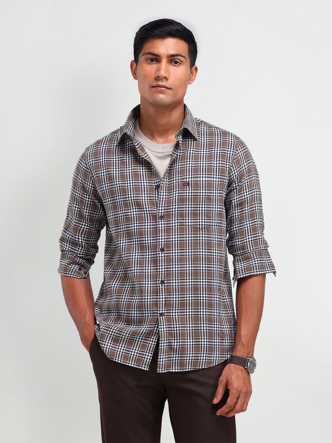 

AD By Arvind Men Spread Collar Checked Cotton Slim Fit Casual Shirt, Brown