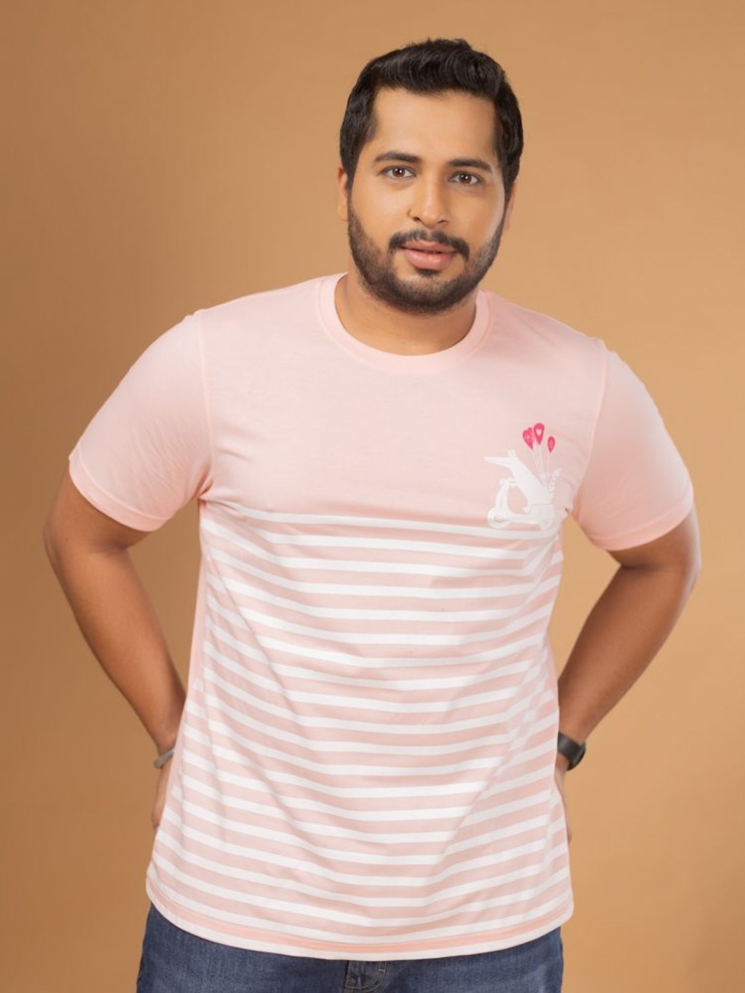 

Sizeupp Men Striped Round Neck Cotton Plus Size T-shirt, Pink