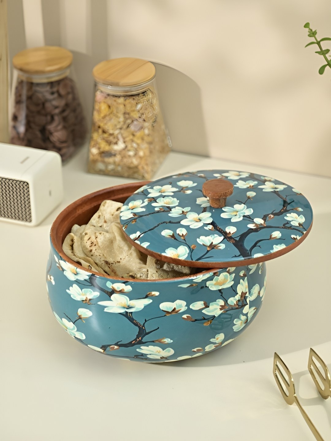 

BRICK BROWN Almond Blossoms Blue & White Printed Wooden Cook and Serve Casserole