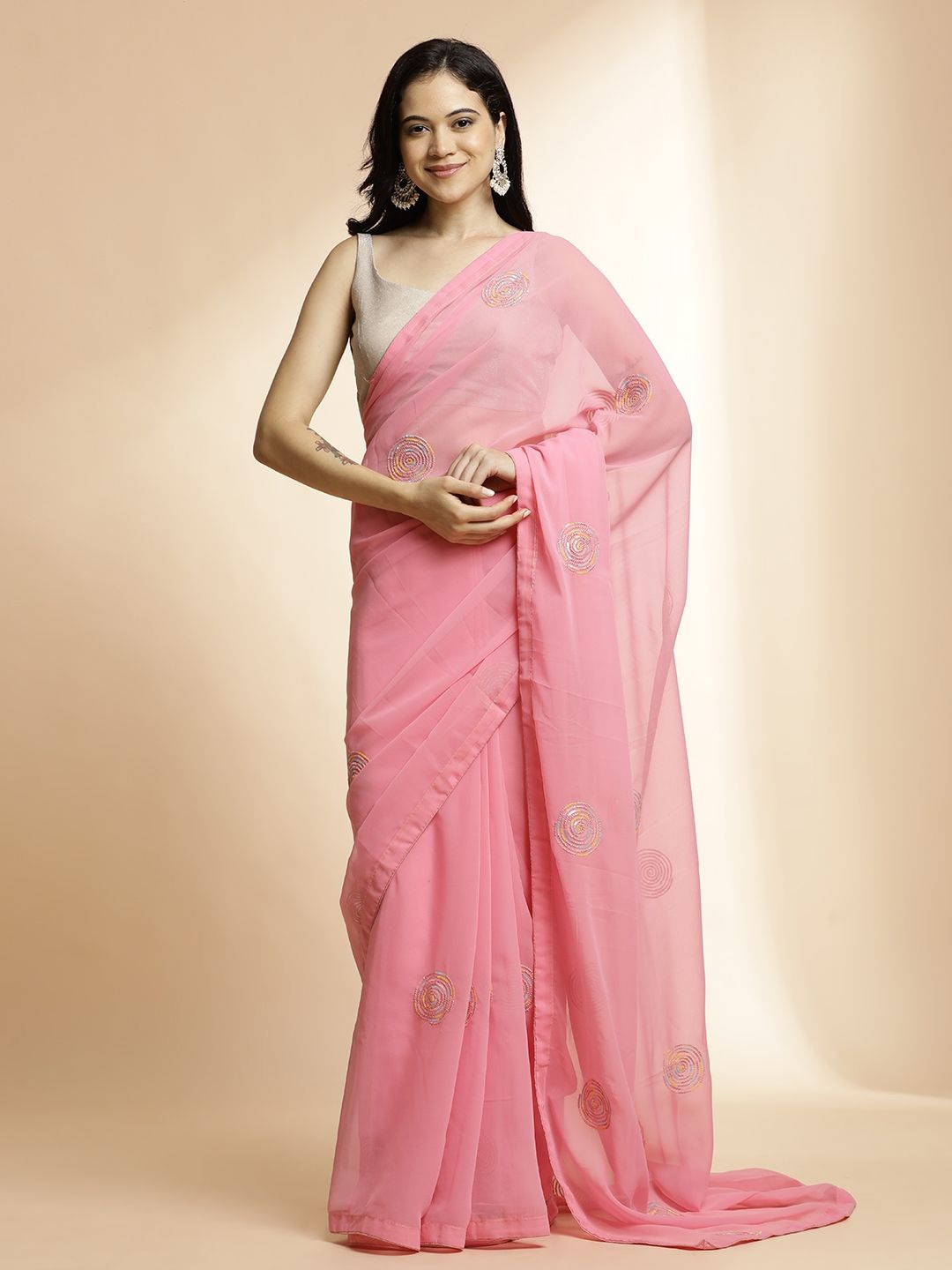 

Jaipur Kurti Embellished Sequinned Pure Georgette Saree, Pink