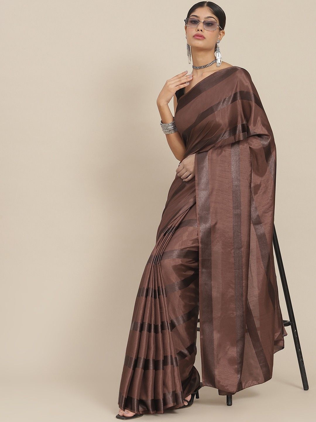 

Anouk Striped Silk Blend Saree, Coffee brown
