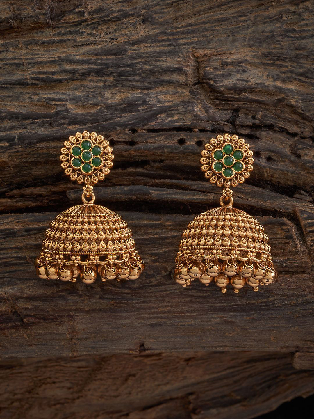 

Kushal's Fashion Jewellery Gold-Plated Dome Shaped Antique Jhumkas Earrings, Green