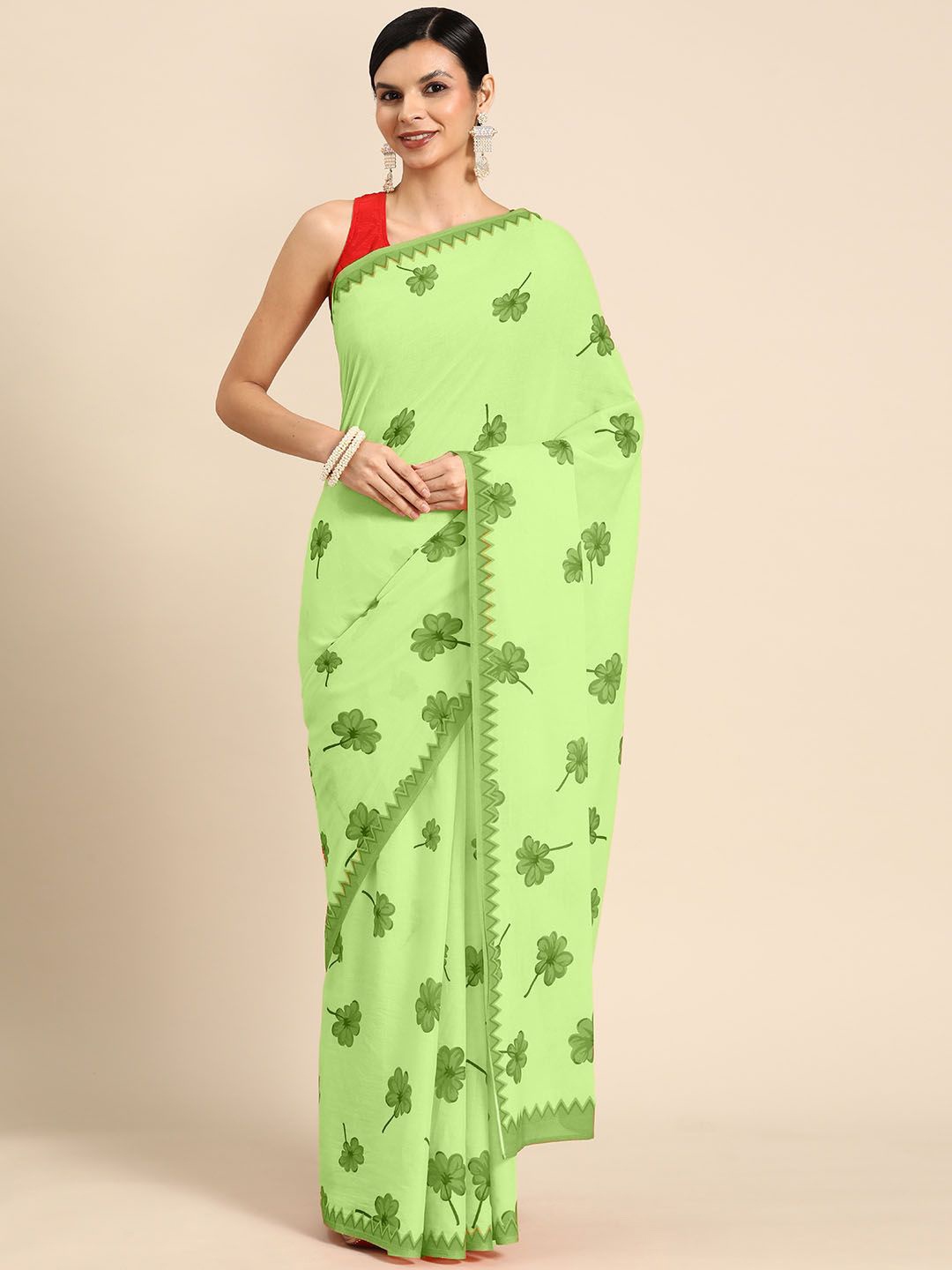 

BUTA BUTI Floral Pure Cotton Saree, Green