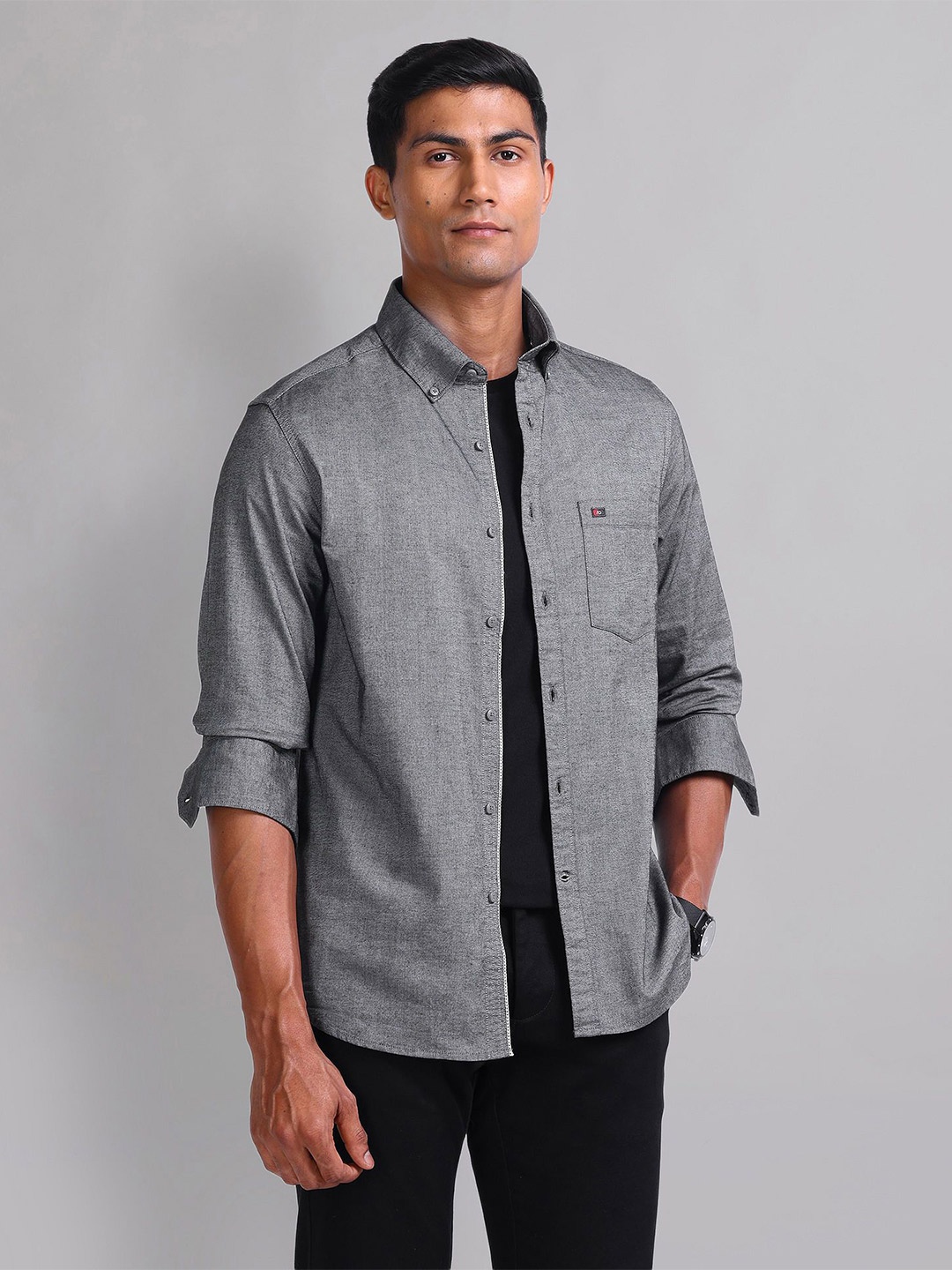 

AD By Arvind Men Spread Collar Solid Cotton Slim Fit Casual Shirt, Grey