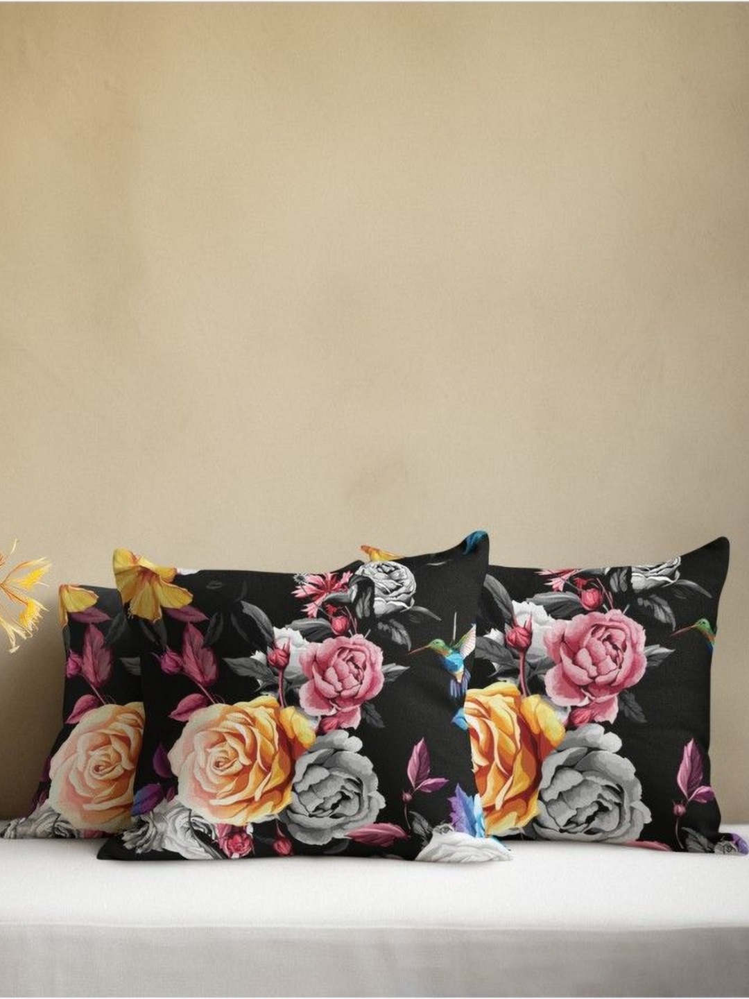 

THEYAYACAFE Black & Mustard 3 Pieces Floral Velvet Square Cushion Covers