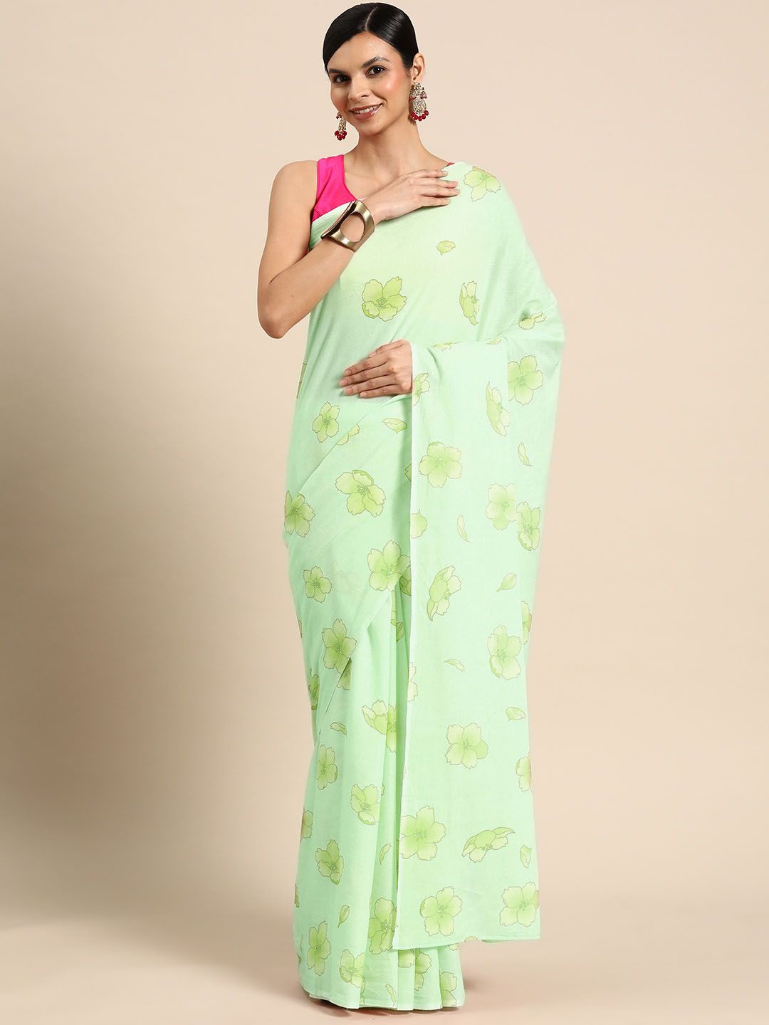 

BUTA BUTI Floral Pure Cotton Saree, Green