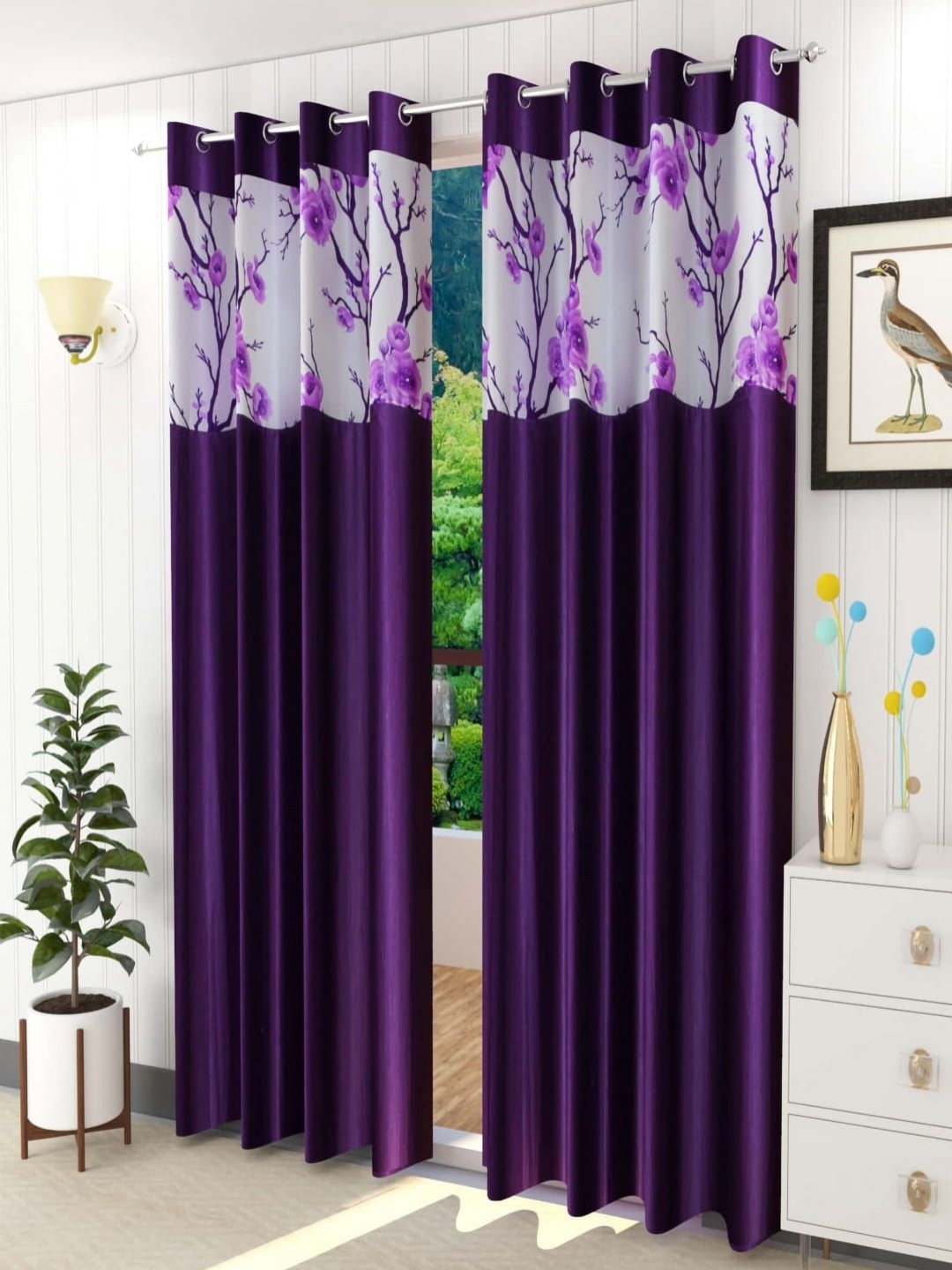 

AADI TRADERS Purple & White 2 Pieces Floral Eyelet Window Curtain