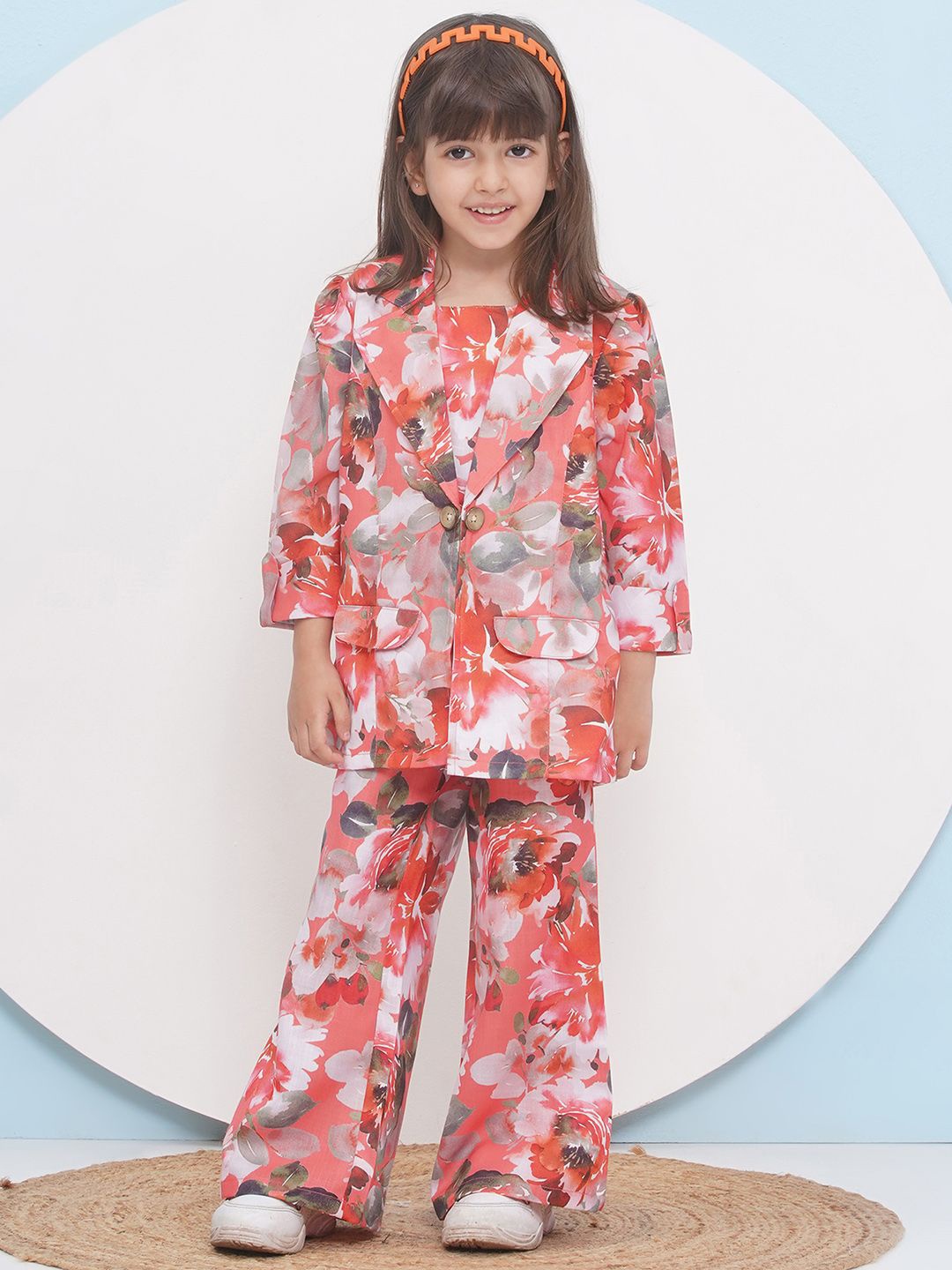 

Aj DEZInES Girls Floral Printed Notch Lapel Collar Pure Cotton Top with Trouser & Blazer, Orange