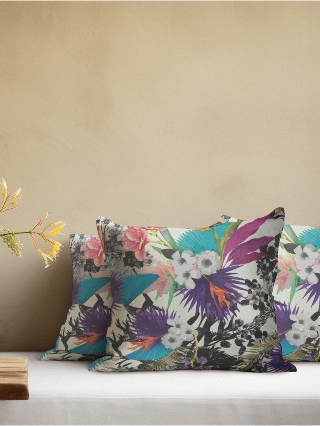 

THEYAYACAFE Off White & Purple 3 Pieces Floral Velvet Square Cushion Covers