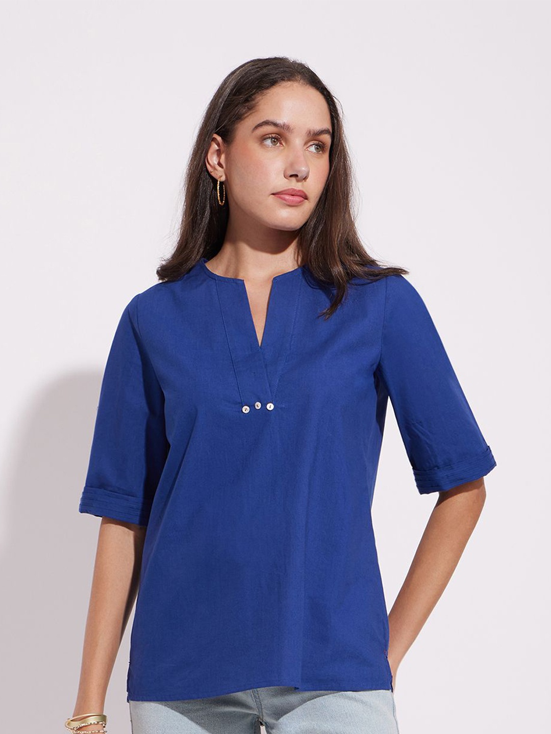 

Pink Fort Women Solid Round Neck Cotton Top, Blue